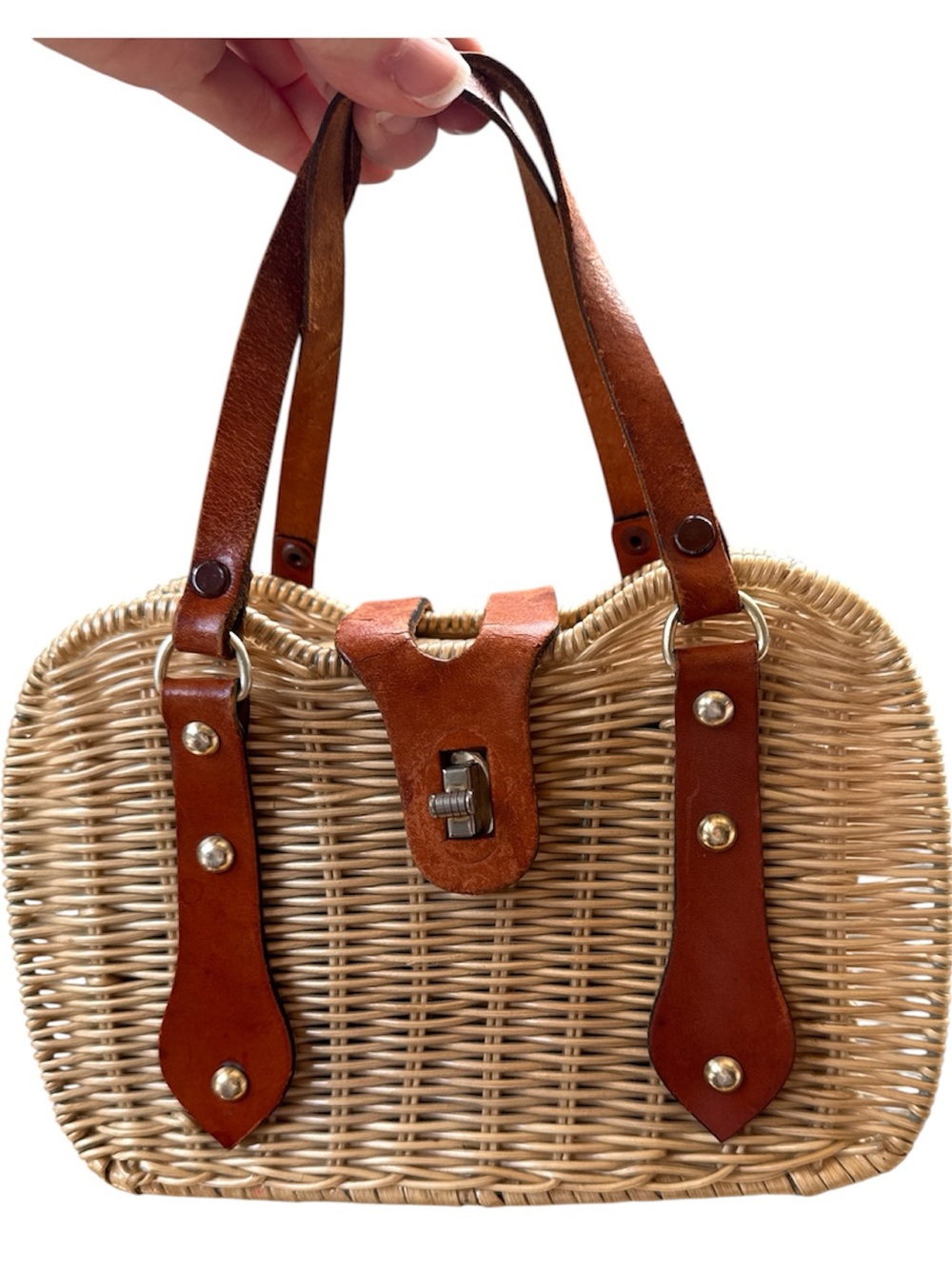 Simon from Hong Kong 1950’s‎ rattan handbag leather trim